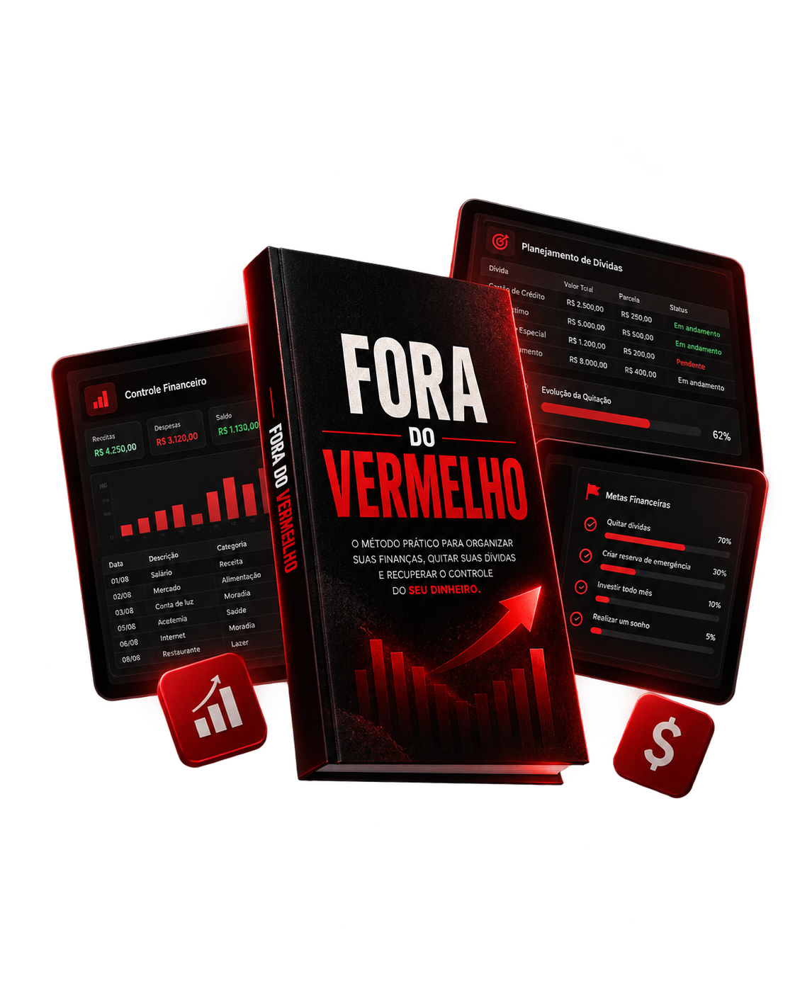 E-book Fora do Vermelho com o dashboard financeiro em tablets
